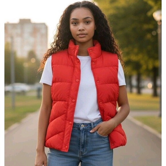 J.Crew Women Small Down Feather Puffer Vest Jacket Red Coral Fleece Lined Warm - Picture 1 of 10